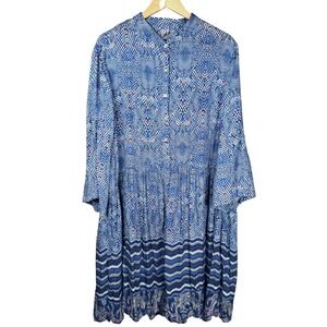 BLANK LONDON Womens 1X Dress Blue White Pink Diamond Chevron Feather Tiered Boho